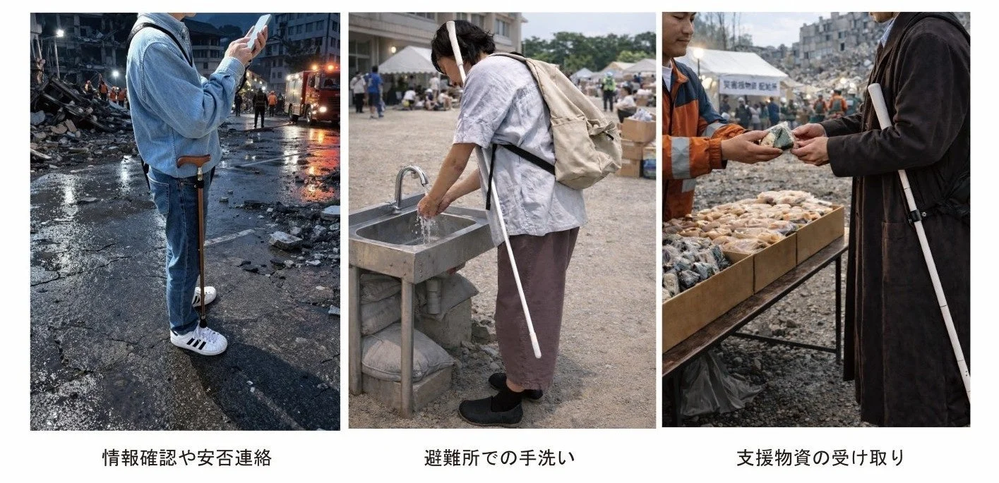 災害時の視覚障害者の生活を描いた3枚の画像。被災地での情報確認、避難所での手洗い、支援物資の受け取りを通じて、困難な状況下での自立と支援の重要性を示している。