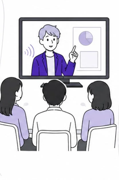 イメージ画像:大画面モニターに映し出された講師が、聴衆に向けてプレゼンテーションを行っている様子