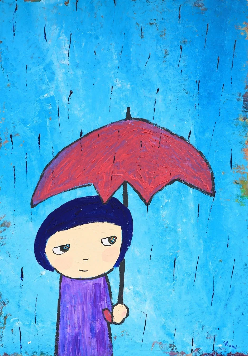 カラフルな傘をさす人物の絵画