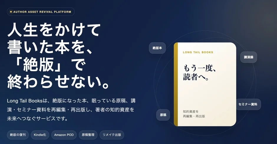 Long Tail Booksは、絶版になった本や眠っている原稿、講演・セミナー資料を再編集・再出版し、著者の知的資産を未来へつなぐサービス