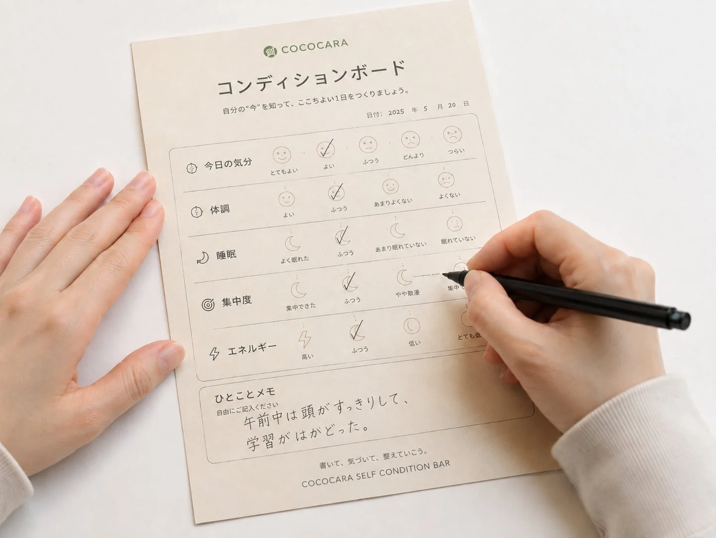 COCOCRAのコンディションボードに手書きで記録する様子