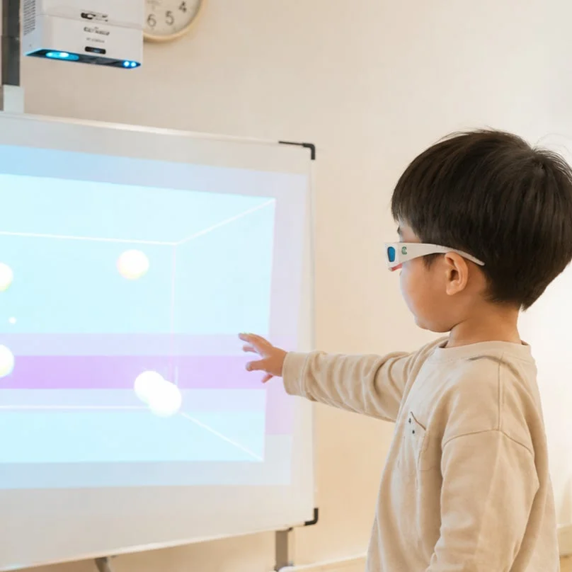 3Dメガネをかけた子供がプロジェクターの3Dグラフィックに触れようとしている