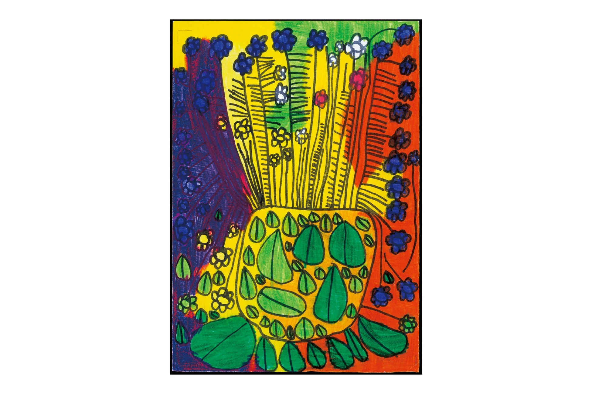 鮮やかな色彩で描かれた、花瓶に生けられた花々の手描きイラスト