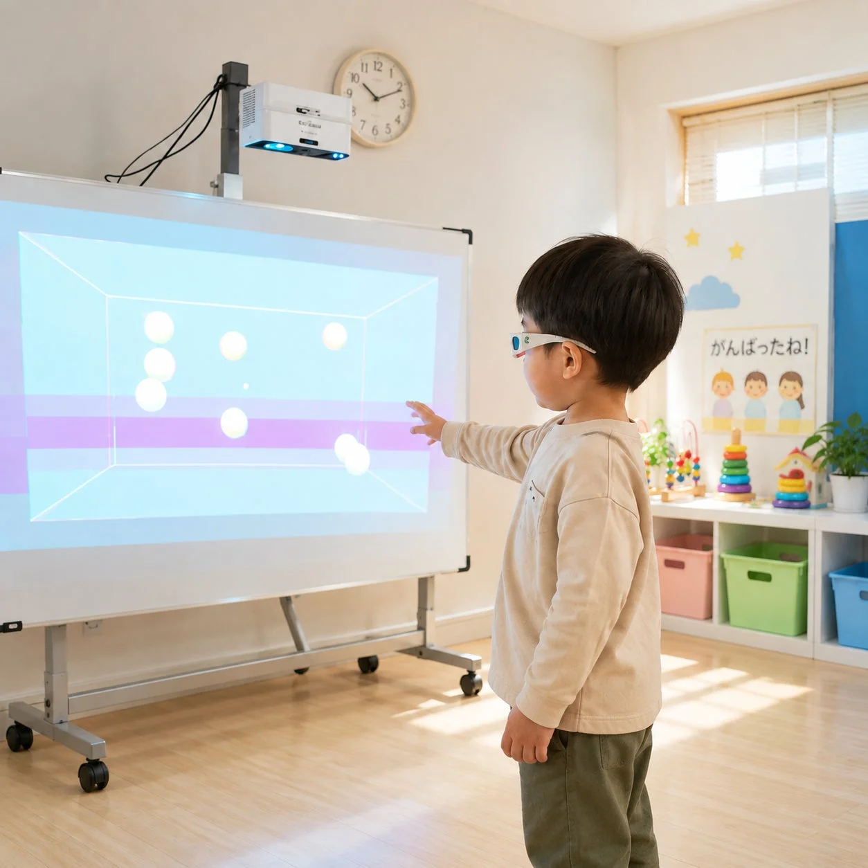 3Dメガネをかけた子供がインタラクティブディスプレイで遊んでいる様子