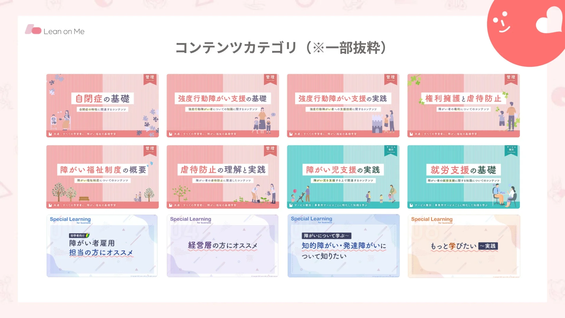 Lean on Meのコンテンツカタログで、自閉症、強度行動障がい支援、権利擁護、虐待防止、福祉制度、障がい児支援、就労支援など、障害福祉に関する幅広い学習モジュールが紹介されています。基礎知識から実践まで、様々な対象者向けの研修コンテンツが網羅されています。