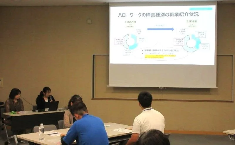 ハローワークの障害種別職業紹介状況に関するプレゼンテーションの様子