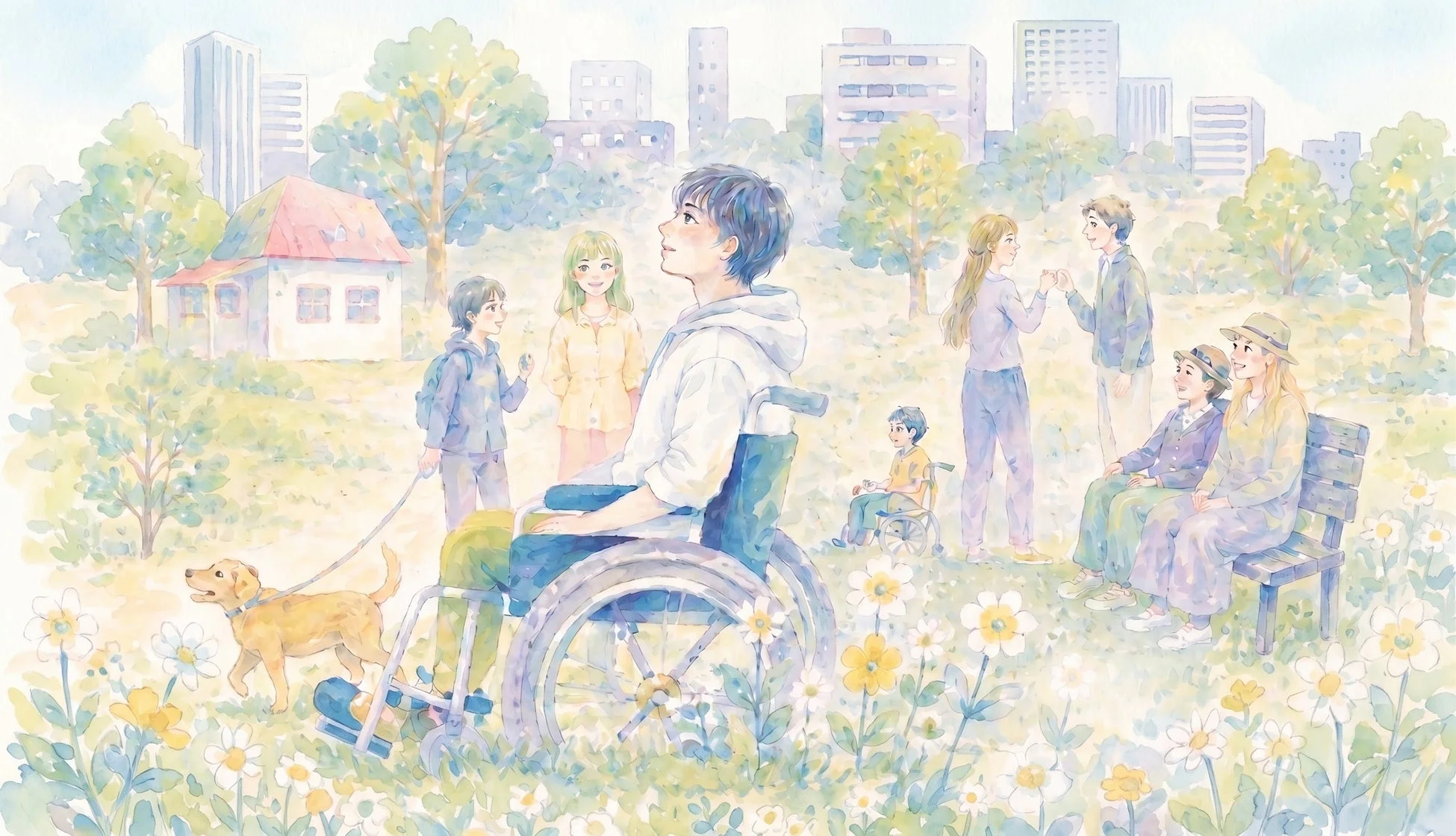 水彩画で描かれた穏やかな公園の風景。車椅子の人々を含む多様な年齢層の人々が、犬や花に囲まれながら交流し、共生する様子が表現されています。背景には街並みが広がり、全体的に明るく希望に満ちた雰囲気です。